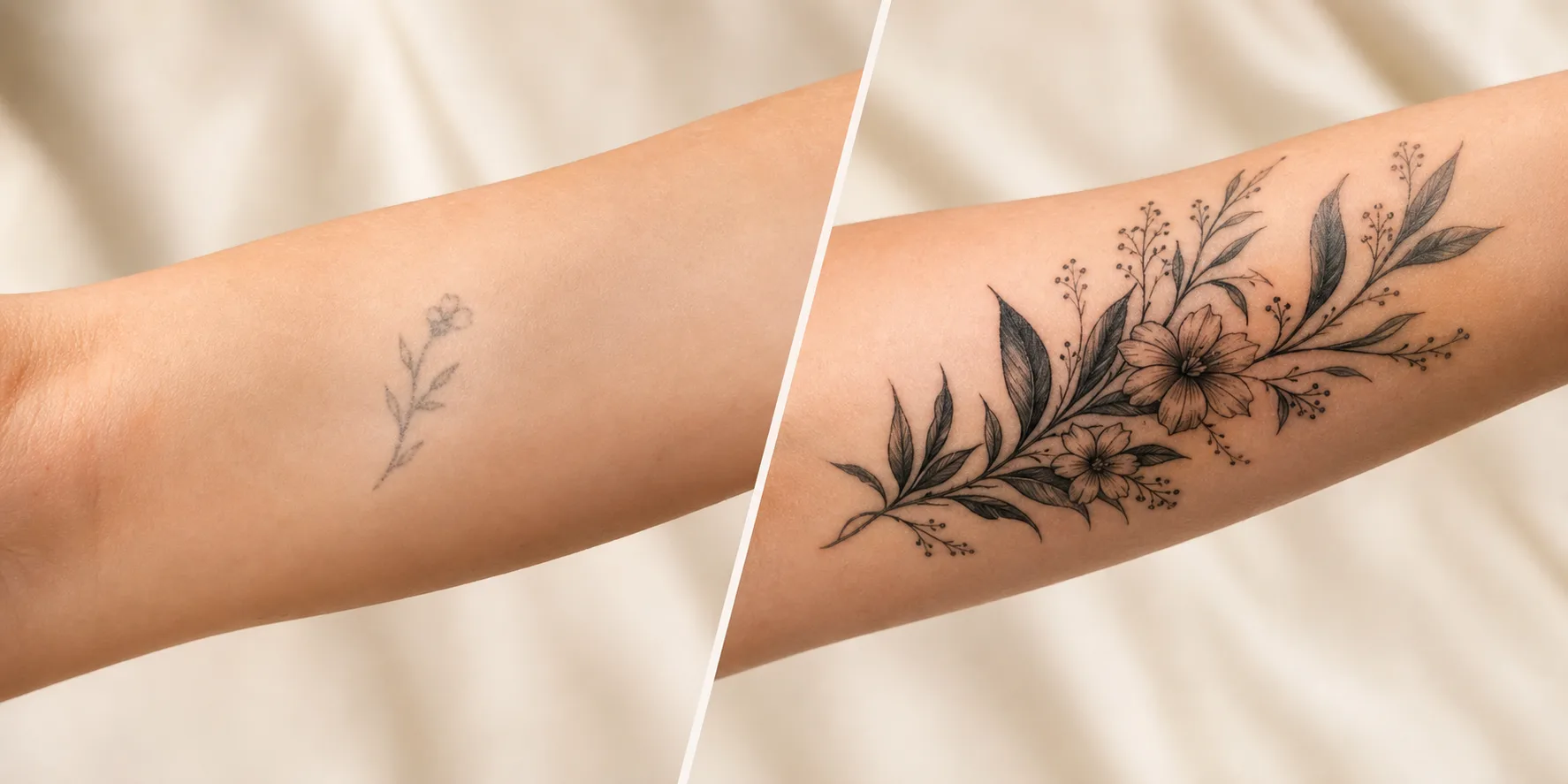 Before and after example of a botanical tattoo cover-up