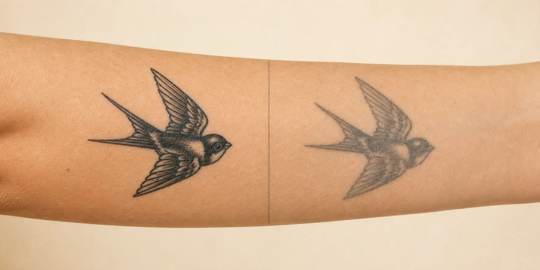 Fresh and aged tattoo comparison on a forearm