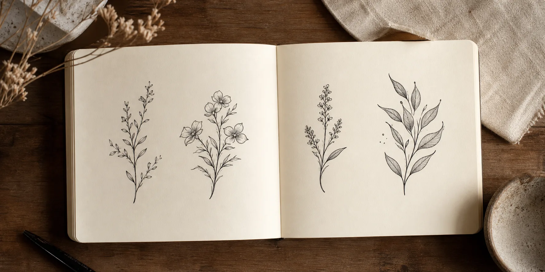 A sketchbook with several botanical tattoo ideas to explore